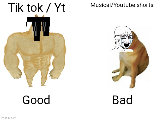 IDK any more | Tik tok / Yt; Musical/Youtube shorts; Good; Bad | image tagged in memes,buff doge vs cheems | made w/ Imgflip meme maker