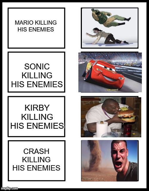 LOL | MARIO KILLING HIS ENEMIES; SONIC KILLING HIS ENEMIES; KIRBY KILLING HIS ENEMIES; CRASH KILLING HIS ENEMIES | image tagged in 8 panel blank comic | made w/ Imgflip meme maker