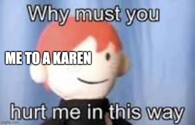 AHHHHHHGGGG | ME TO A KAREN | image tagged in why must you hurt me in this way | made w/ Imgflip meme maker