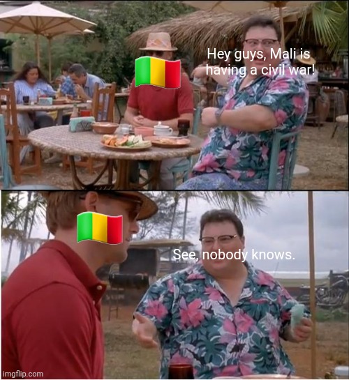 See Nobody Cares | 🇲🇱; Hey guys, Mali is 
having a civil war! 🇲🇱; See, nobody knows. | image tagged in memes,see nobody cares | made w/ Imgflip meme maker