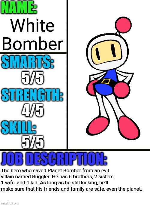 White Bomber | White Bomber; 5/5; 4/5; 5/5; The hero who saved Planet Bomber from an evil villain named Buggler. He has 6 brothers, 2 sisters, 1 wife, and 1 kid. As long as he still kicking, he'll make sure that his friends and family are safe, even the planet. | image tagged in antiboss-heroes template,bomberman | made w/ Imgflip meme maker