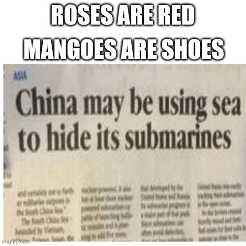 Hiding submarines in the sea |  MANGOES ARE SHOES; ROSES ARE RED | image tagged in sea,what,headline | made w/ Imgflip meme maker