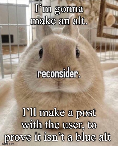 reconsider | I’m gonna make an alt. I’ll make a post with the user, to prove it isn’t a blue alt | image tagged in reconsider | made w/ Imgflip meme maker