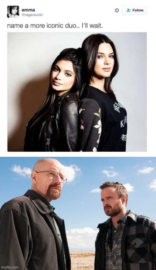 Name a more iconic duo | image tagged in name a more iconic duo,walter white,jesse pinkman | made w/ Imgflip meme maker