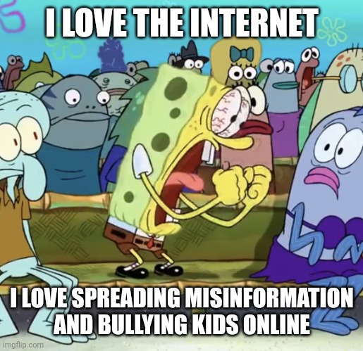 Spongebob Yelling | I LOVE THE INTERNET I LOVE SPREADING MISINFORMATION AND BULLYING KIDS ONLINE | image tagged in spongebob yelling | made w/ Imgflip meme maker