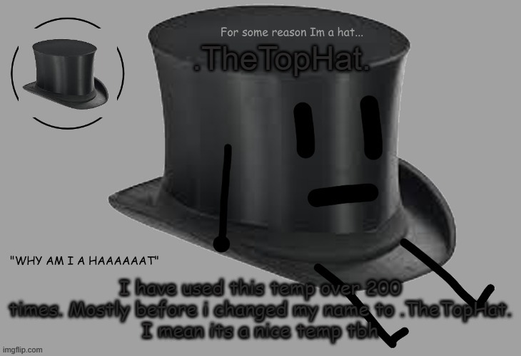 e |  I have used this temp over 200 times. Mostly before i changed my name to .TheTopHat.
I mean its a nice temp tbh | image tagged in top hat announcement temp | made w/ Imgflip meme maker