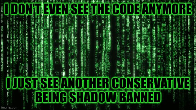Conservative Code | I DON'T EVEN SEE THE CODE ANYMORE; I JUST SEE ANOTHER CONSERVATIVE
BEING SHADOW BANNED | image tagged in matrix code,conservatives,memes,funny,banned,twitter | made w/ Imgflip meme maker