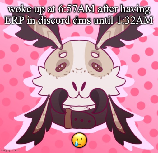 sweet 5 hours of sleep | woke up at 6:57AM after having ERP in discord dms until 1:32AM; 🥲 | image tagged in meat 3 by moththeprotogen | made w/ Imgflip meme maker