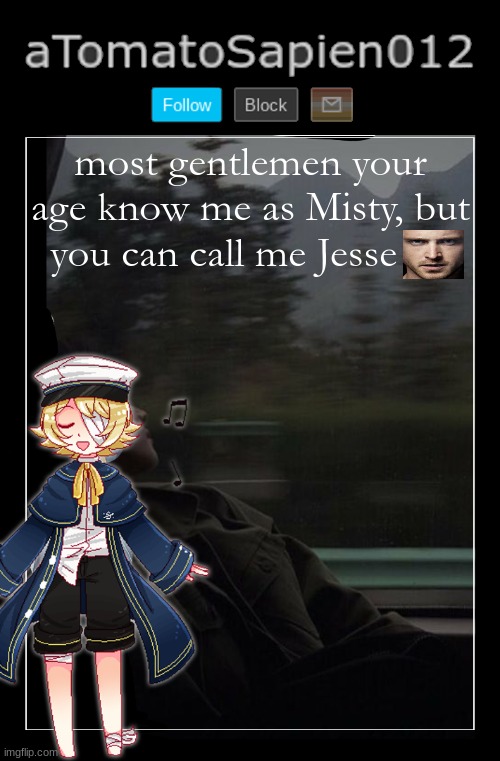 aTomatoSapien012 | most gentlemen your age know me as Misty, but you can call me Jesse | image tagged in atomatosapien012 | made w/ Imgflip meme maker