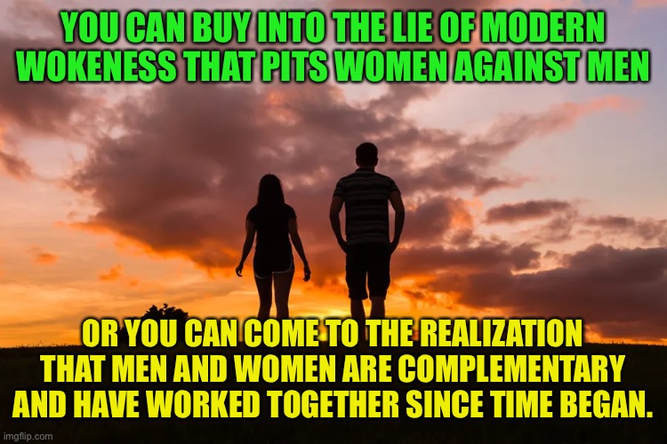 Complementary not the same | YOU CAN BUY INTO THE LIE OF MODERN WOKENESS THAT PITS WOMEN AGAINST MEN; OR YOU CAN COME TO THE REALIZATION THAT MEN AND WOMEN ARE COMPLEMENTARY AND HAVE WORKED TOGETHER SINCE TIME BEGAN. | image tagged in ying and yang,working together to propagate the species,if you are woke you are a joke,hate is what fuelss the left the left | made w/ Imgflip meme maker