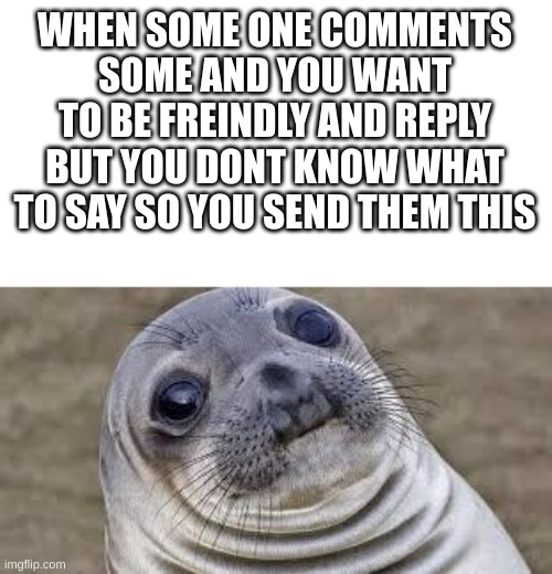 Akward moment seal | WHEN SOME ONE COMMENTS SOME AND YOU WANT TO BE FREINDLY AND REPLY BUT YOU DONT KNOW WHAT TO SAY SO YOU SEND THEM THIS | image tagged in akward moment seal | made w/ Imgflip meme maker