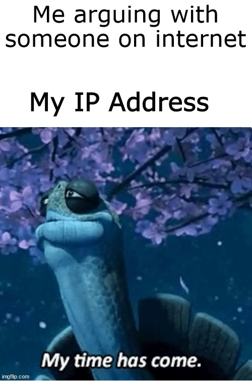Internet | Me arguing with someone on internet; My IP Address | image tagged in my time has come,argument,internet | made w/ Imgflip meme maker