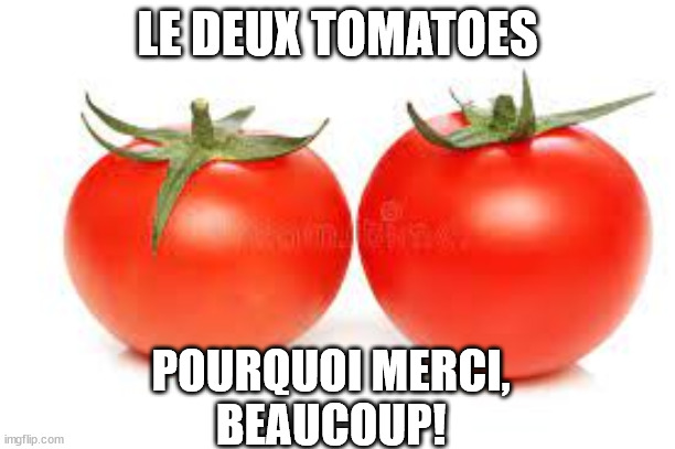 LE DEUX TOMATOES; POURQUOI MERCI,
BEAUCOUP! | made w/ Imgflip meme maker