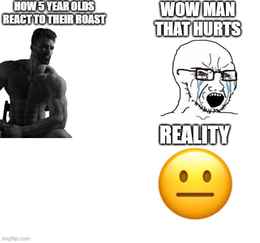 rap moment | HOW 5 YEAR OLDS REACT TO THEIR ROAST; WOW MAN THAT HURTS; REALITY | image tagged in blank white template | made w/ Imgflip meme maker