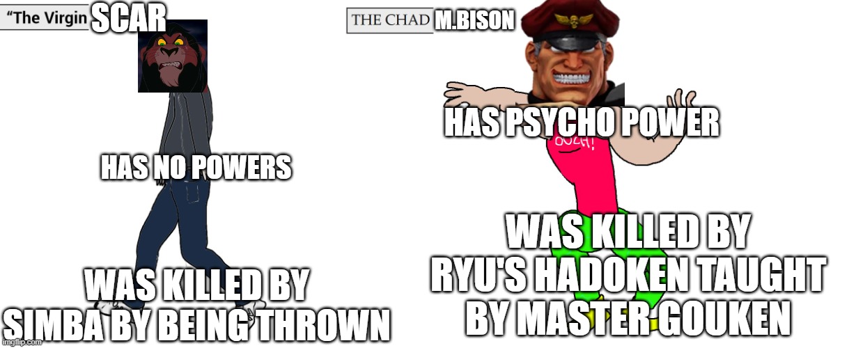 The Virgin Scar Vs The Chad M.Bison | SCAR; M.BISON; HAS PSYCHO POWER; HAS NO POWERS; WAS KILLED BY RYU'S HADOKEN TAUGHT BY MASTER GOUKEN; WAS KILLED BY SIMBA BY BEING THROWN | image tagged in virgin and chad | made w/ Imgflip meme maker