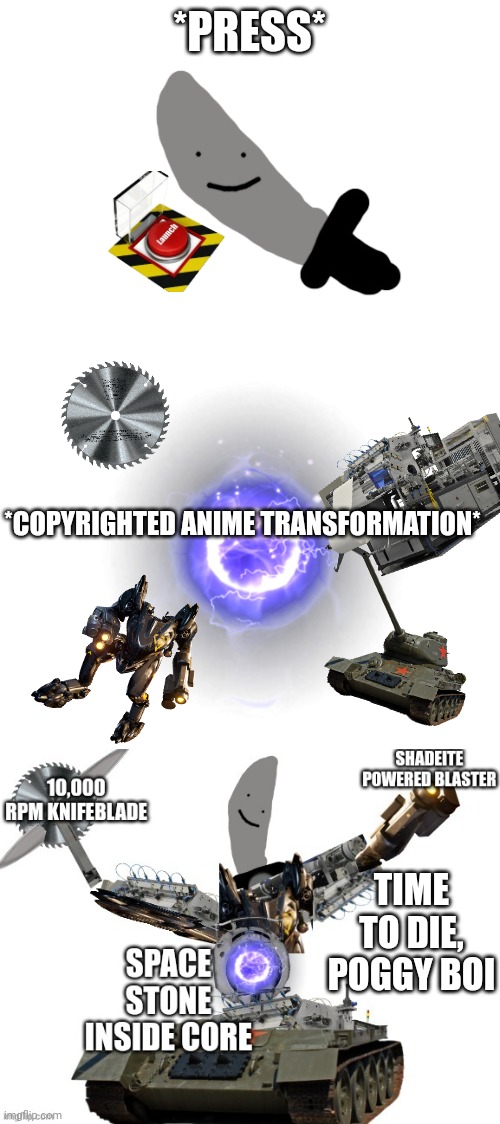 *PRESS* *COPYRIGHTED ANIME TRANSFORMATION* TIME TO DIE, POGGY BOI | image tagged in blank white template | made w/ Imgflip meme maker