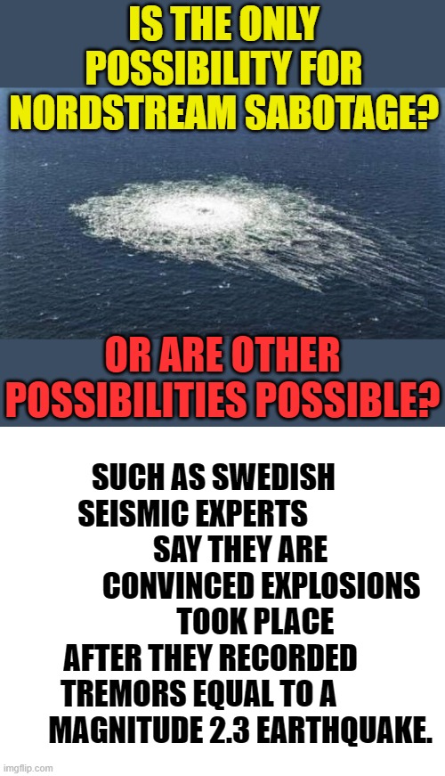 Opinions Welcome | IS THE ONLY POSSIBILITY FOR NORDSTREAM SABOTAGE? OR ARE OTHER POSSIBILITIES POSSIBLE? SUCH AS SWEDISH    SEISMIC EXPERTS                   SAY THEY ARE  
             CONVINCED EXPLOSIONS            TOOK PLACE AFTER THEY RECORDED     TREMORS EQUAL TO A                MAGNITUDE 2.3 EARTHQUAKE. | image tagged in nordstream,memes,politics,disabled,swedish,earthquake | made w/ Imgflip meme maker