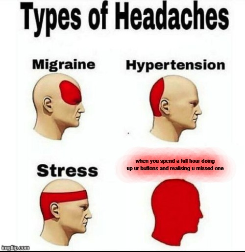 me in morning | when you spend a full hour doing up ur buttons and realising u missed one | image tagged in types of headaches meme,button | made w/ Imgflip meme maker