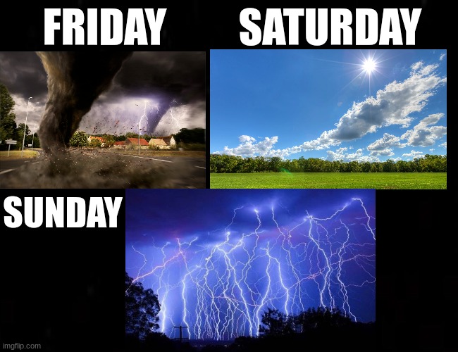 Friday, Saturday, Sunday |  FRIDAY; SATURDAY; SUNDAY | image tagged in ohhhh shiiiit,tornado,sunny,lightning,weekend | made w/ Imgflip meme maker