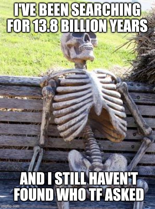 Waiting Skeleton Meme | I'VE BEEN SEARCHING FOR 13.8 BILLION YEARS; AND I STILL HAVEN'T FOUND WHO TF ASKED | image tagged in memes,waiting skeleton | made w/ Imgflip meme maker