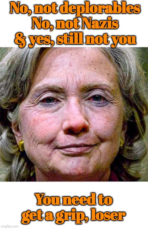 Harridan Hillary | No, not deplorables
No, not Nazis
& yes, still not you; You need to get a grip, loser | image tagged in old,ugly,corrupt,bitter,bitch | made w/ Imgflip meme maker