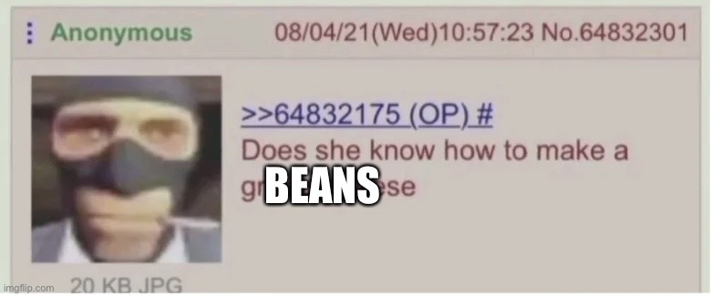Does she know how to make a grilled cheese | BEANS | image tagged in does she know how to make a grilled cheese | made w/ Imgflip meme maker