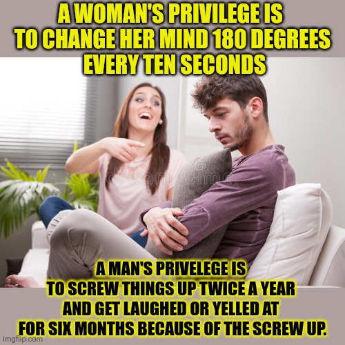 Do men and women have different privileges? | A WOMAN'S PRIVILEGE IS 
TO CHANGE HER MIND 180 DEGREES
 EVERY TEN SECONDS; A MAN'S PRIVELEGE IS 
TO SCREW THINGS UP TWICE A YEAR 
AND GET LAUGHED OR YELLED AT 
FOR SIX MONTHS BECAUSE OF THE SCREW UP. | image tagged in think about it,difference between men and women,male privilege,female logic,relationships | made w/ Imgflip meme maker