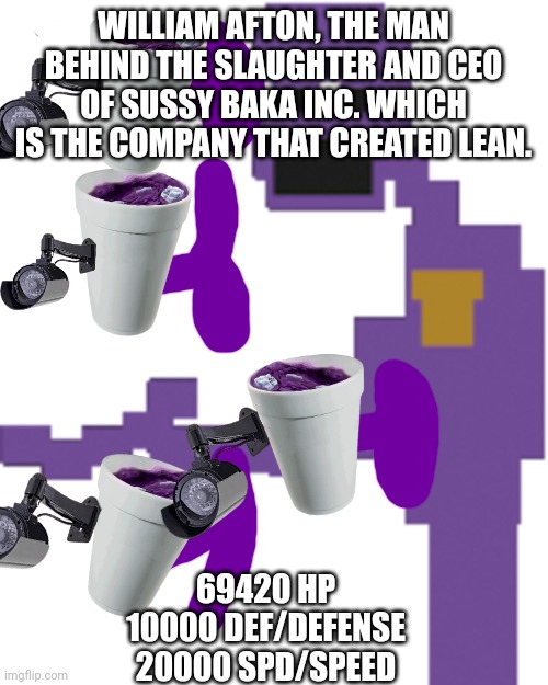 Purple guy | WILLIAM AFTON, THE MAN BEHIND THE SLAUGHTER AND CEO OF SUSSY BAKA INC. WHICH IS THE COMPANY THAT CREATED LEAN. 69420 HP
10000 DEF/DEFENSE
20000 SPD/SPEED | image tagged in purple guy | made w/ Imgflip meme maker