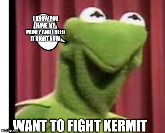 I don't think anyone would with that face | I KNOW YOU HAVE MY MONEY AND I NEED IT RIGHT NOW; WANT TO FIGHT KERMIT | image tagged in funny memes | made w/ Imgflip meme maker