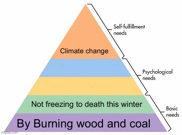 No actually believes in climate change | Climate change; Not freezing to death this winter; By Burning wood and coal | image tagged in maslow's hierarchy of needs,libtards,hypocrites | made w/ Imgflip meme maker