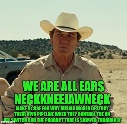 Tommy Lee Jones, No Country.. | MAKE A CASE FOR WHY RUSSIA WOULD DESTROY THEIR OWN PIPELINE WHEN THEY CONTROL THE ON OFF SWITCH AND THE PRODUCT THAT IS SHIPPED THROUGH IT W | image tagged in tommy lee jones no country | made w/ Imgflip meme maker