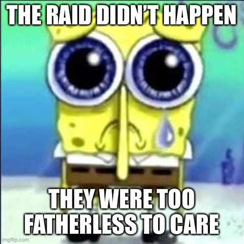 Task failed successfully | THE RAID DIDN’T HAPPEN; THEY WERE TOO FATHERLESS TO CARE | image tagged in sad spongebob,based,funny,anti furry,bruh moment | made w/ Imgflip meme maker