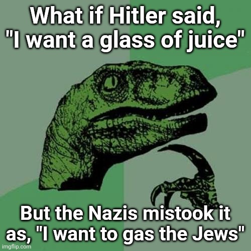 Hmm | What if Hitler said, "I want a glass of juice"; But the Nazis mistook it as, "I want to gas the Jews" | image tagged in memes,philosoraptor | made w/ Imgflip meme maker