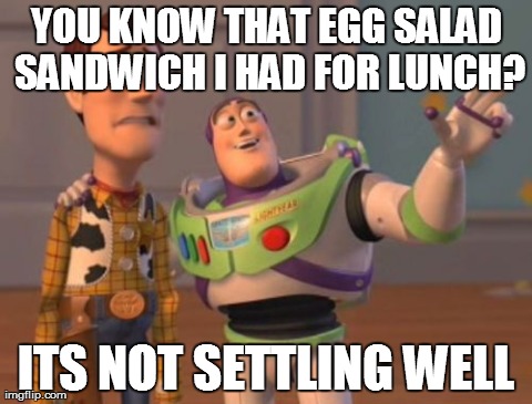 X, X Everywhere Meme | YOU KNOW THAT EGG SALAD SANDWICH I HAD FOR LUNCH? ITS NOT SETTLING WELL | image tagged in memes,x x everywhere | made w/ Imgflip meme maker