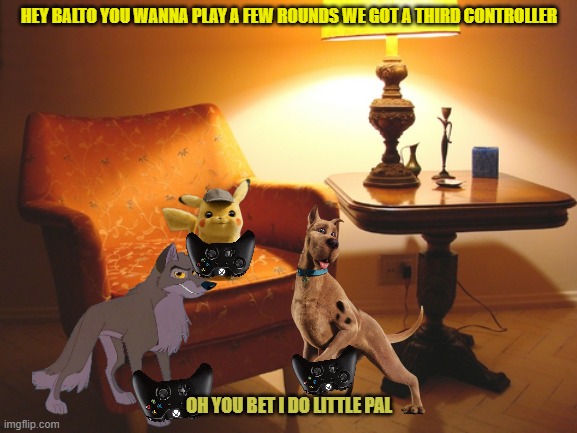 hey balto | HEY BALTO YOU WANNA PLAY A FEW ROUNDS WE GOT A THIRD CONTROLLER; OH YOU BET I DO LITTLE PAL | image tagged in lonely night in the invisible man's house,universal studios,warner bros,dogs,gaming,wolves | made w/ Imgflip meme maker