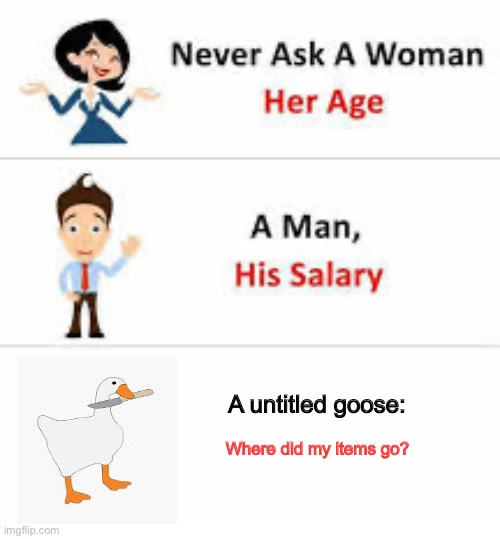 ☠️☠️ | A untitled goose:; Where did my items go? | image tagged in never ask a woman her age | made w/ Imgflip meme maker
