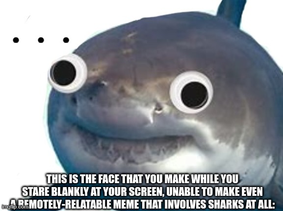 *Tuna-Sandwich Eating Stops | THIS IS THE FACE THAT YOU MAKE WHILE YOU STARE BLANKLY AT YOUR SCREEN, UNABLE TO MAKE EVEN A REMOTELY-RELATABLE MEME THAT INVOLVES SHARKS AT ALL: | image tagged in surprised shark,simothefinlandized,memes,funny,relatable | made w/ Imgflip meme maker