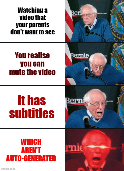 YouTubers can be a godsend sometimes |  Watching a video that your parents don't want to see; You realise you can mute the video; It has subtitles; WHICH AREN'T AUTO-GENERATED | image tagged in bernie sanders reaction nuked,youtube,youtuber,parents | made w/ Imgflip meme maker