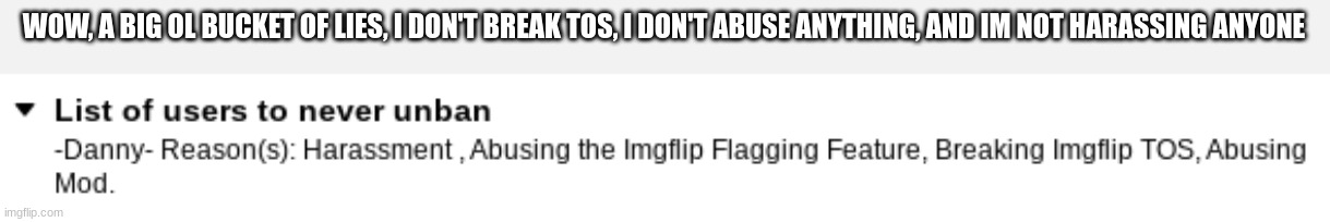 WOW, A BIG OL BUCKET OF LIES, I DON'T BREAK TOS, I DON'T ABUSE ANYTHING, AND IM NOT HARASSING ANYONE | made w/ Imgflip meme maker