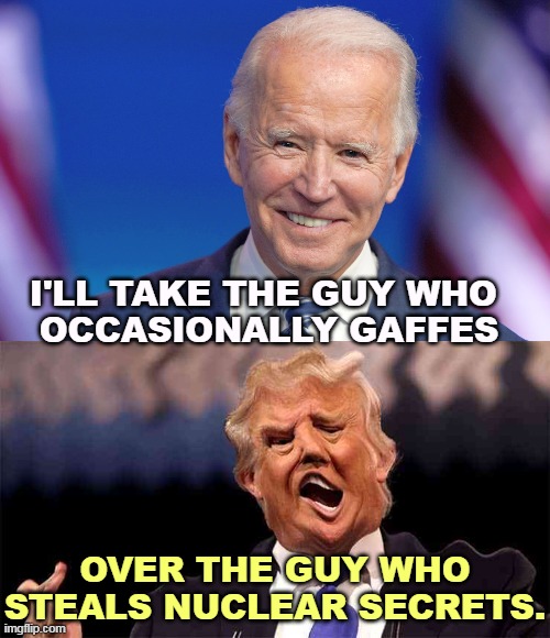 I'LL TAKE THE GUY WHO 
OCCASIONALLY GAFFES; OVER THE GUY WHO STEALS NUCLEAR SECRETS. | image tagged in biden,good,man,trump,nuclear,traitor | made w/ Imgflip meme maker