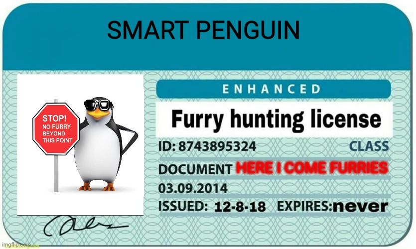 He got it oh sh | SMART PENGUIN; HERE I COME FURRIES | image tagged in furry hunting license | made w/ Imgflip meme maker