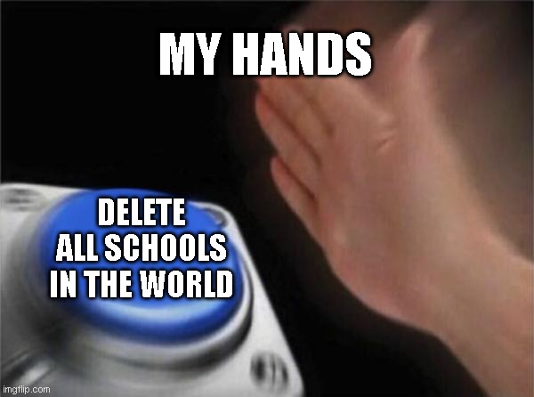 thats what you get school :) | MY HANDS; DELETE ALL SCHOOLS IN THE WORLD | image tagged in memes,blank nut button | made w/ Imgflip meme maker