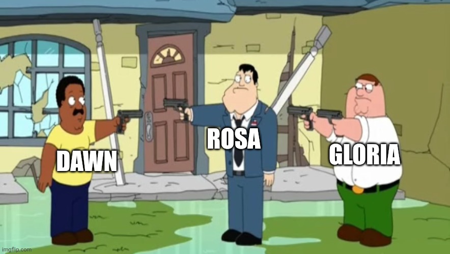 Dawn VS Rosa VS Gloria | ROSA; GLORIA; DAWN | image tagged in cleveland vs stan vs peter,memes,pokemon,girls,anime | made w/ Imgflip meme maker