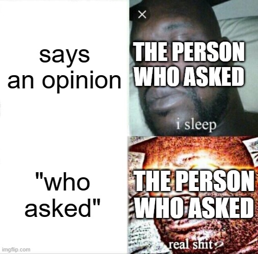 Sleeping Shaq |  says an opinion; THE PERSON WHO ASKED; "who asked"; THE PERSON WHO ASKED | image tagged in memes,sleeping shaq | made w/ Imgflip meme maker