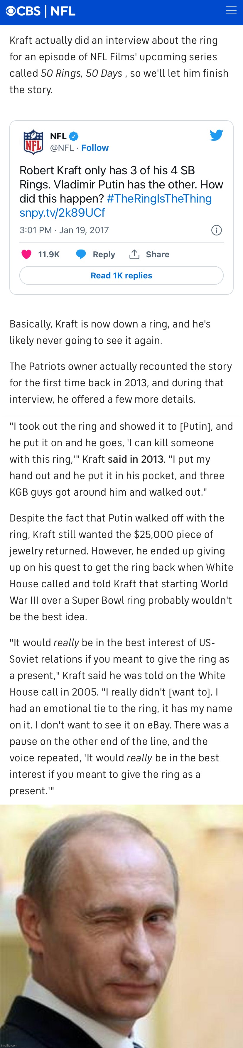 That one time Putin made off with a Super Bowl ring — all you need to know about his way of doing business. | image tagged in vladimir putin steals super bowl ring,putin winking,vladimir putin,putin,super bowl,ring | made w/ Imgflip meme maker
