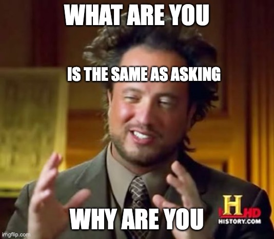 bruh why are u | WHAT ARE YOU; IS THE SAME AS ASKING; WHY ARE YOU | image tagged in memes,ancient aliens | made w/ Imgflip meme maker