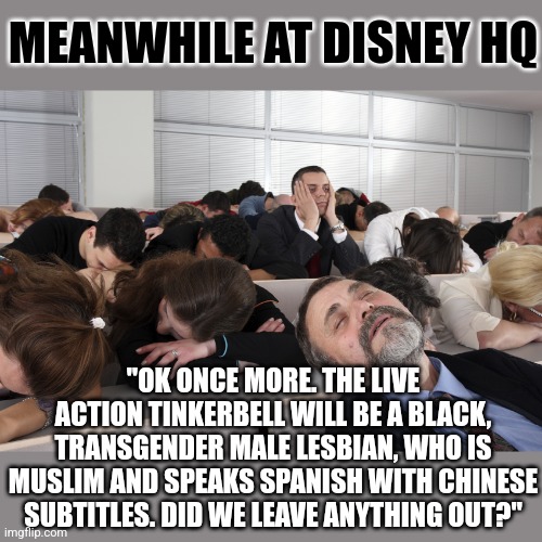 The problem with identity politics is it constantly reinvents the wheel, but never invents a better wheel. | MEANWHILE AT DISNEY HQ; "OK ONCE MORE. THE LIVE ACTION TINKERBELL WILL BE A BLACK, TRANSGENDER MALE LESBIAN, WHO IS MUSLIM AND SPEAKS SPANISH WITH CHINESE SUBTITLES. DID WE LEAVE ANYTHING OUT?" | image tagged in boring meeting,disney,scumbag hollywood,liberal hypocrisy,reality check,waste of time | made w/ Imgflip meme maker