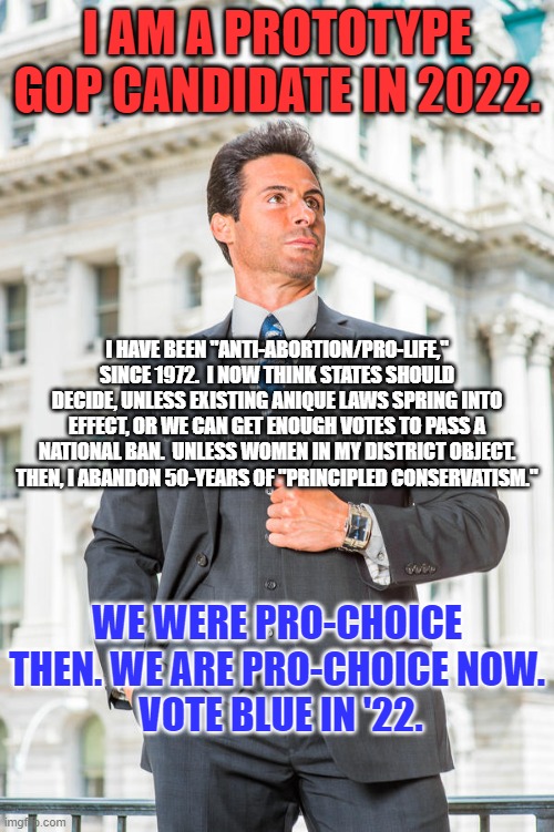 Fulfill your destiny. "Roar." "In numbers too big to ignore!" | I AM A PROTOTYPE GOP CANDIDATE IN 2022. I HAVE BEEN "ANTI-ABORTION/PRO-LIFE," SINCE 1972.  I NOW THINK STATES SHOULD DECIDE, UNLESS EXISTING ANIQUE LAWS SPRING INTO EFFECT, OR WE CAN GET ENOUGH VOTES TO PASS A NATIONAL BAN.  UNLESS WOMEN IN MY DISTRICT OBJECT. THEN, I ABANDON 50-YEARS OF "PRINCIPLED CONSERVATISM."; WE WERE PRO-CHOICE THEN. WE ARE PRO-CHOICE NOW.
 VOTE BLUE IN '22. | image tagged in politics | made w/ Imgflip meme maker