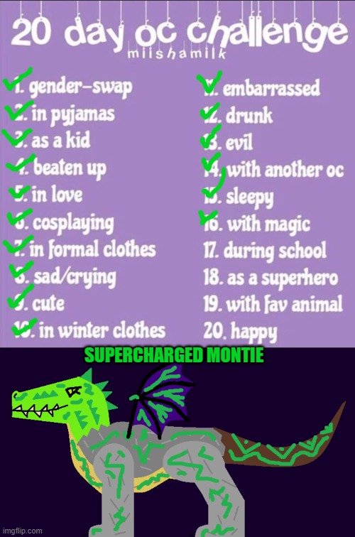 Day 16 - I did Montie with supercharged powers | SUPERCHARGED MONTIE | image tagged in 20 day oc challenge,montie the monstrosity,magic | made w/ Imgflip meme maker