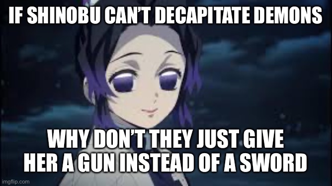 Just why | IF SHINOBU CAN’T DECAPITATE DEMONS; WHY DON’T THEY JUST GIVE HER A GUN INSTEAD OF A SWORD | image tagged in shinobu dead look,demon slayer,questions | made w/ Imgflip meme maker